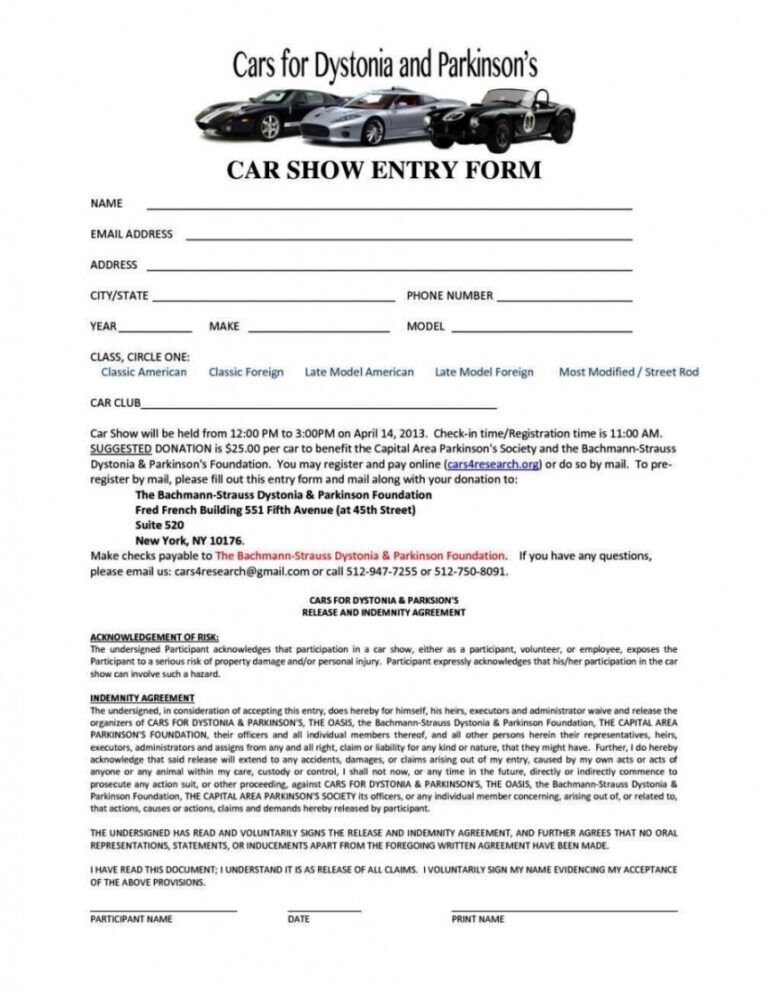 Car Show Registration Form Template Doc Minasinternational