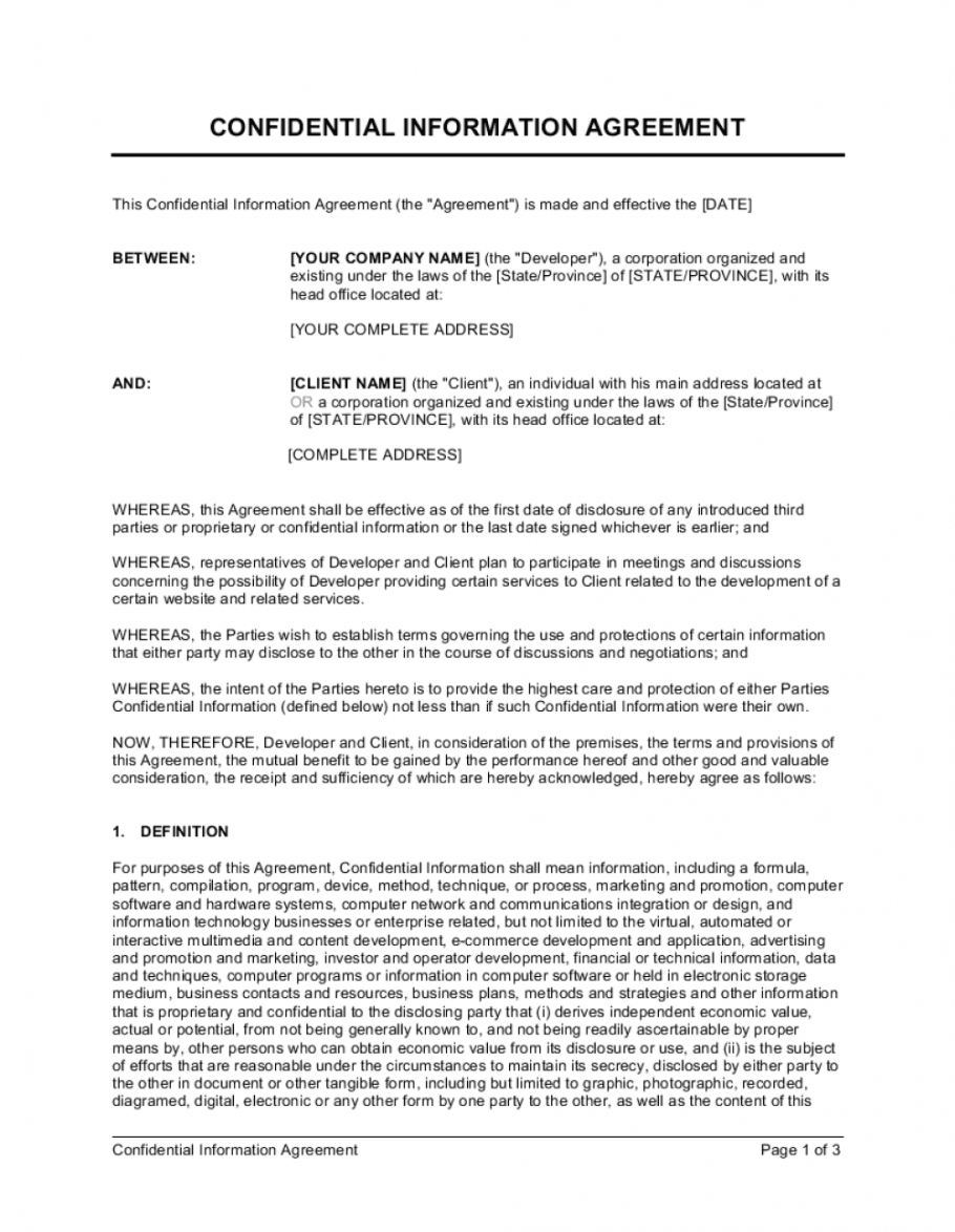 confidential information agreement template businessin virtual office agreement template pdf