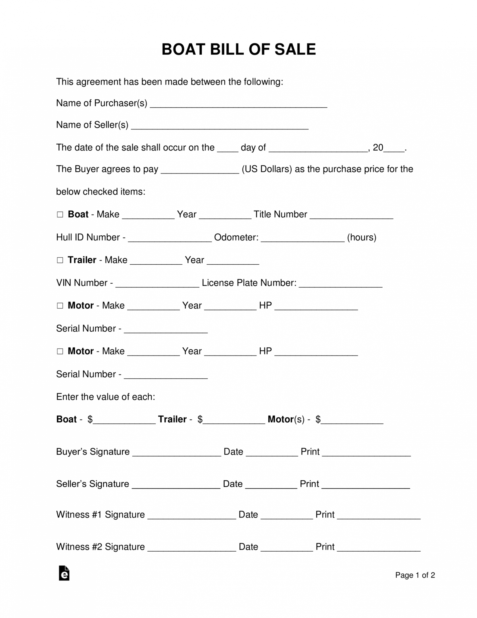 Editable Free Boat Vessel Bill Of Sale Form Pdf Word Eforms Boat Sale And Purchase Agreement
