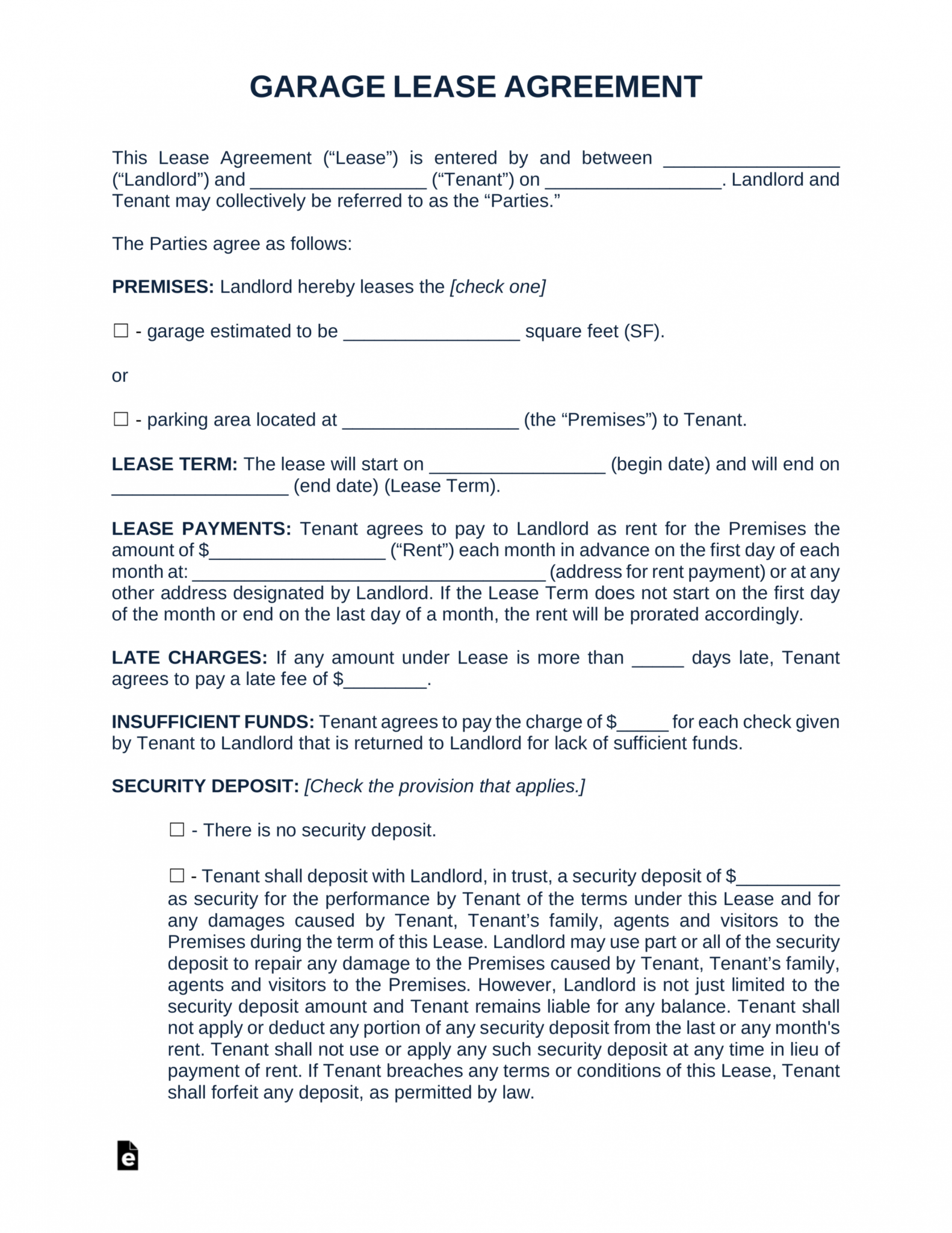 Editable Free Garage Parking Rental Lease Agreement Template Pdf