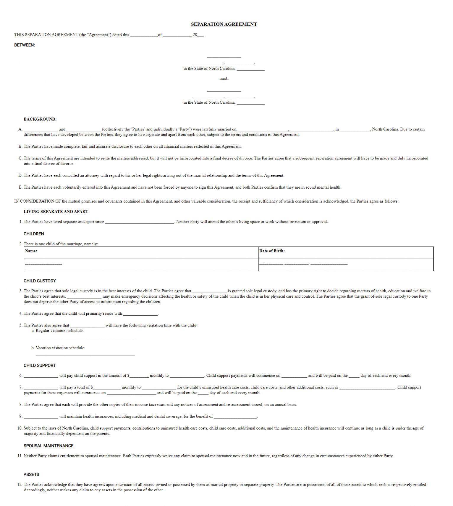 Separation Agreement Template Nc