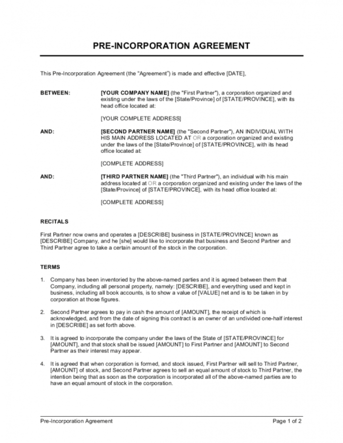 Editable Preincorporation Agreement Template Businessinabox™ Pre ...