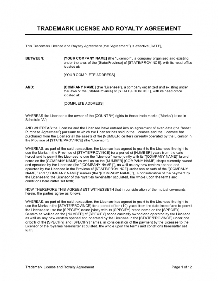 Editable Trademark License And Royalty Agreement Template Patent