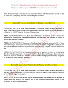 format of board resolution to enter into contract or agreement resolution agreement template sample