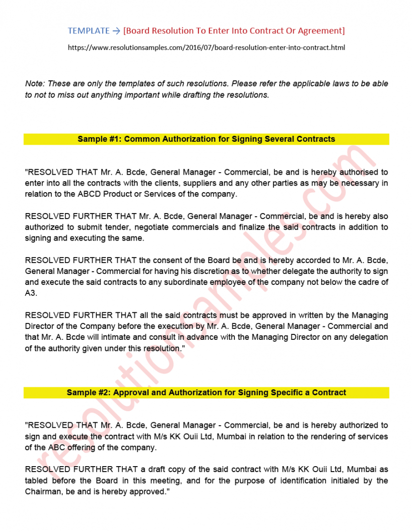 format of board resolution to enter into contract or agreement resolution agreement template sample