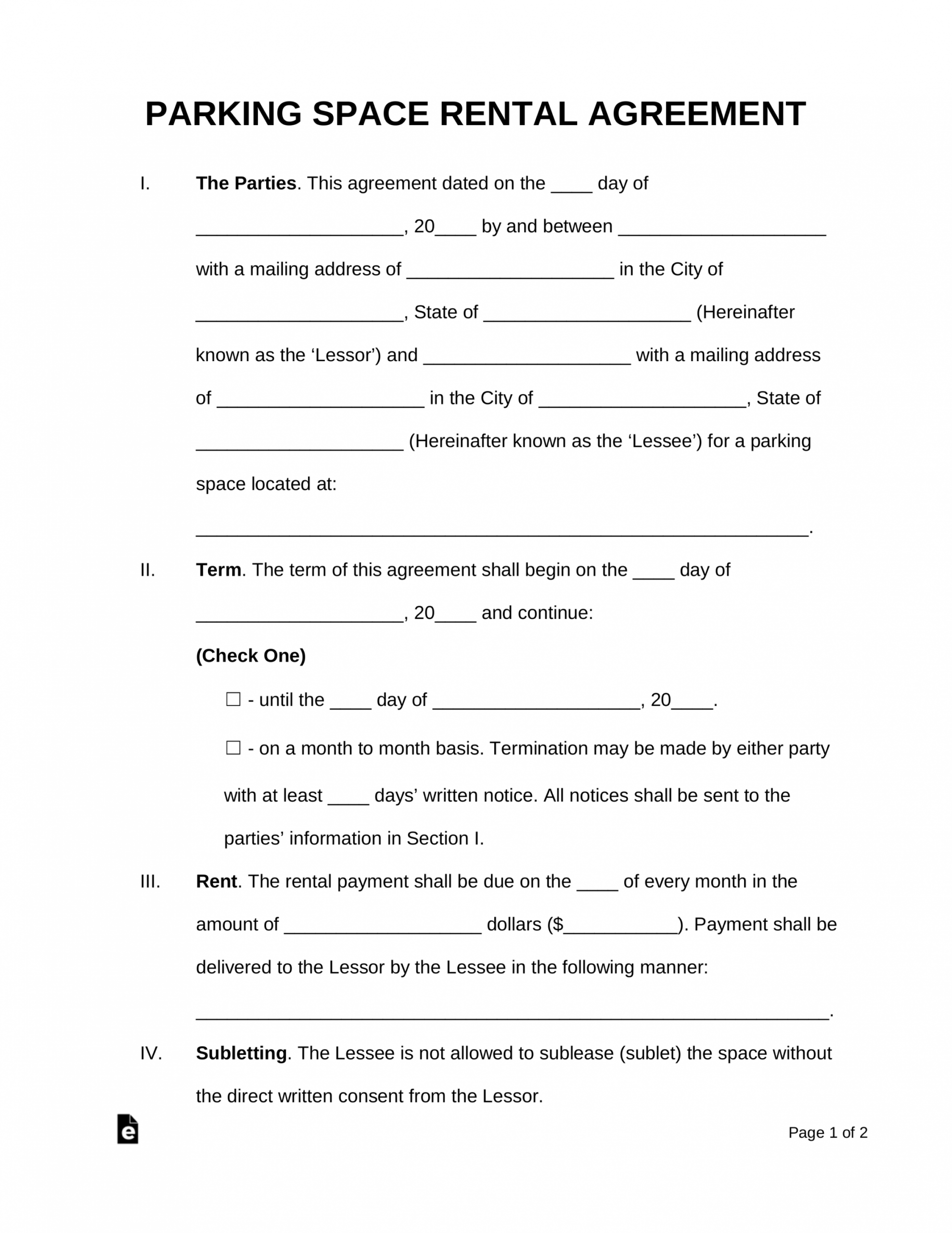 free free parking space rental lease agreement template  pdf parking space rental agreement template