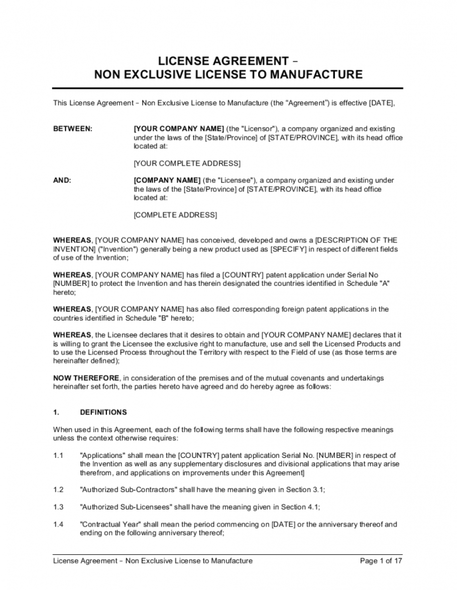 free license agreement nonexclusive license to manufacture non exclusive license agreement template pdf