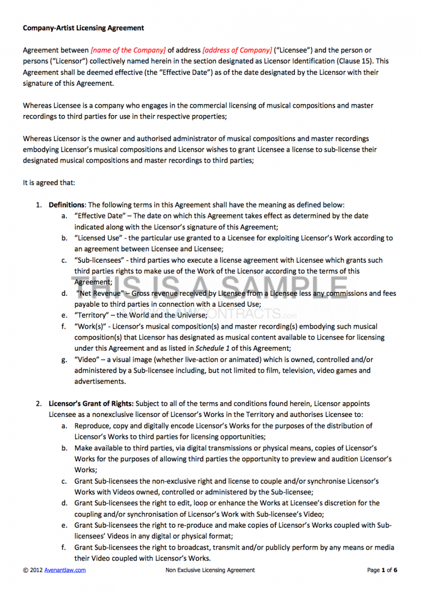 free nonexclusive licensing contract non exclusive license agreement template excel