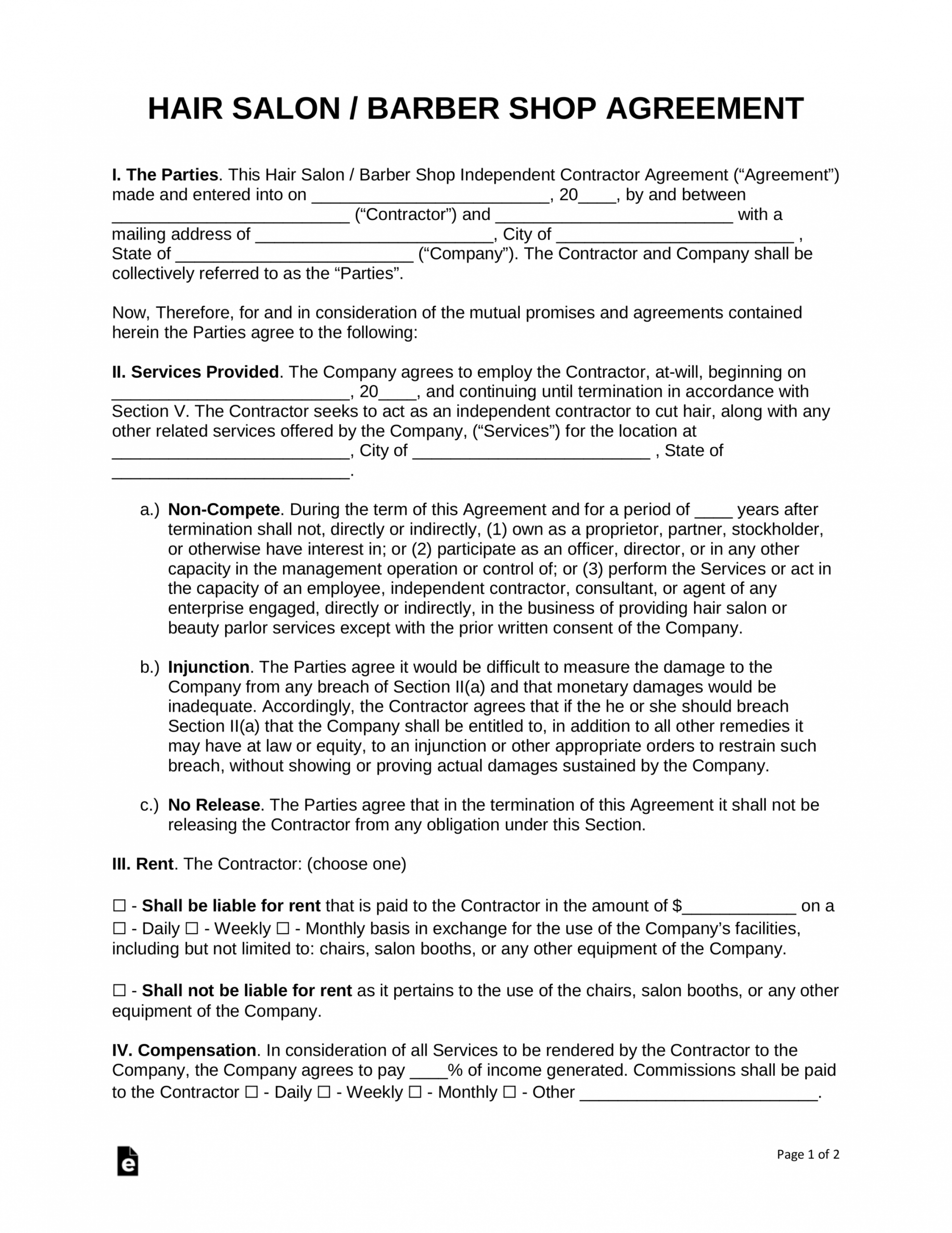 free salon independent contractor agreement template  pdf independent contractor commission agreement template example