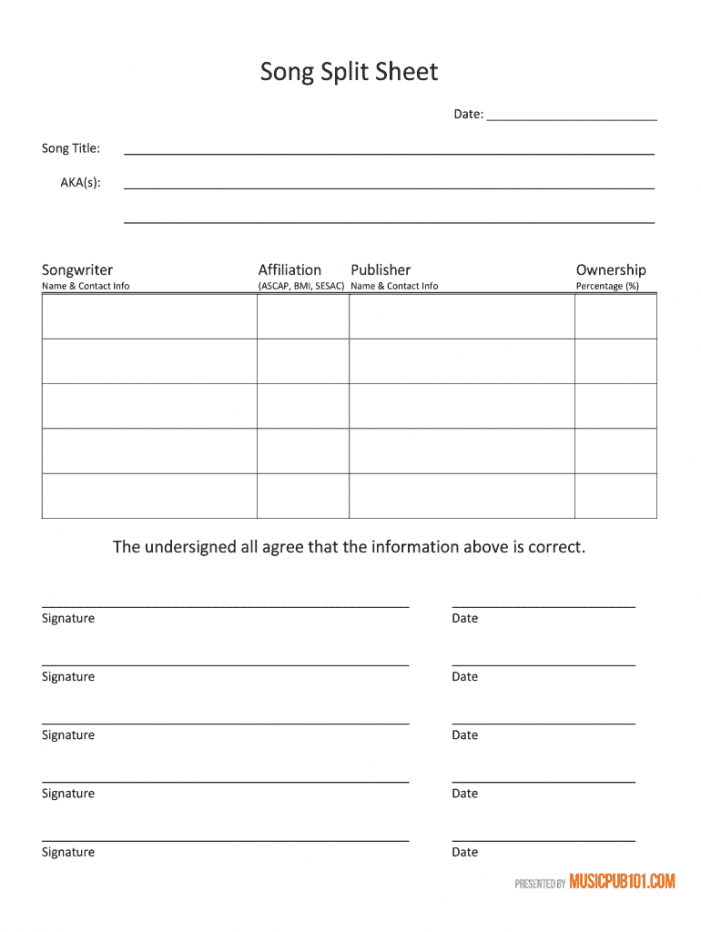 free split sheet  fill online printable fillable blank songwriters agreement template excel