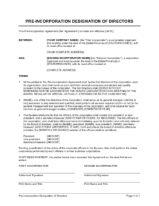 preincorporation designation of directors template pre incorporation agreement template sample