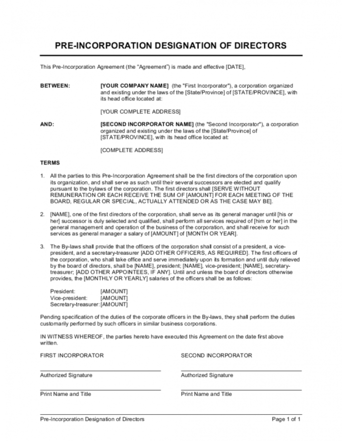 Preincorporation Designation Of Directors Template Pre Incorporation ...