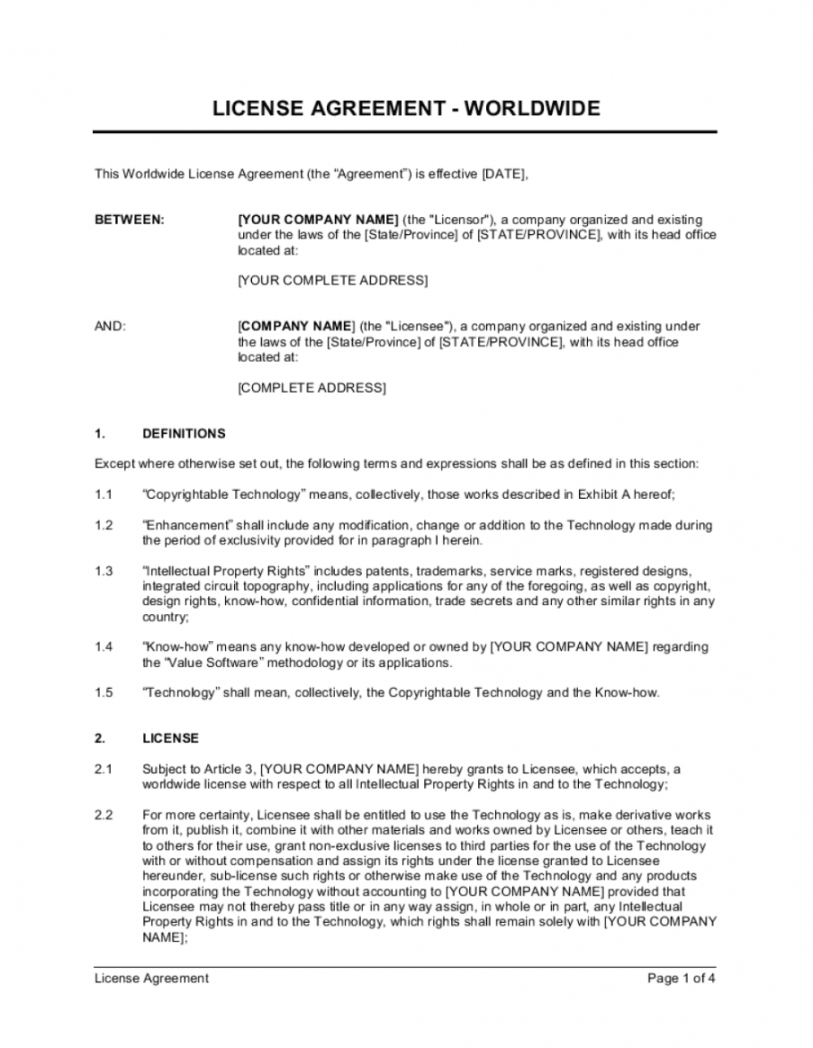 printable license agreement worldwide license template business software license agreement template example