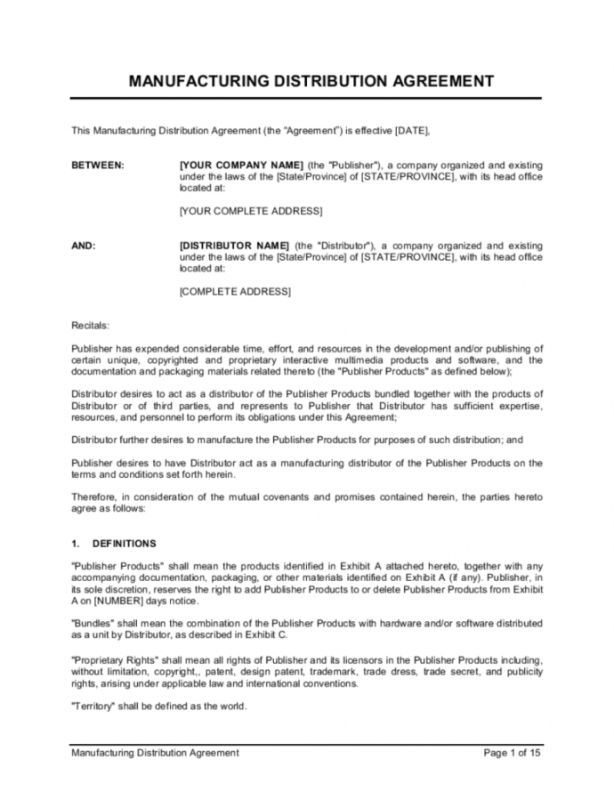 Printable Manufacturing Distribution Agreement Template Business Manufacturing License Agreement