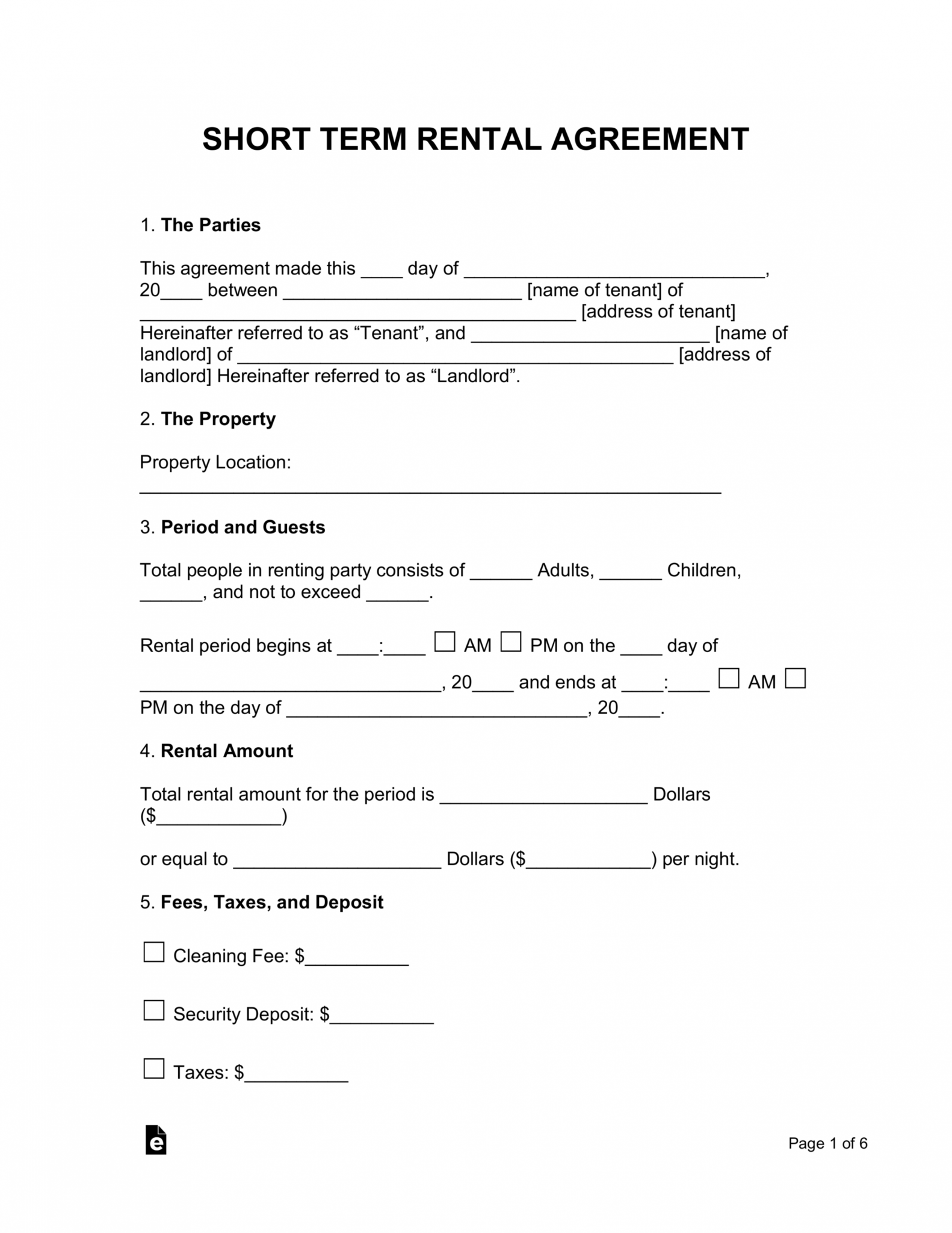 Printable Shortterm Vacation Rental Lease Agreement Eforms Free