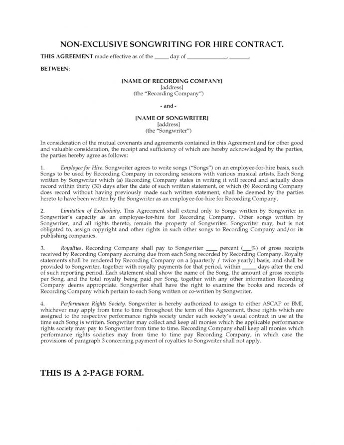 Songwriting Forhire Contract Nonexclusive Songwriters Agreement Template Word Minasinternational