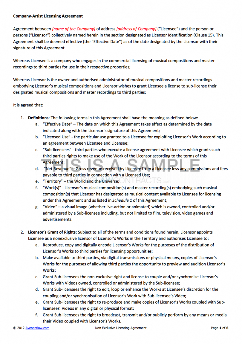 editable nonexclusive licensing contract music license agreement template example