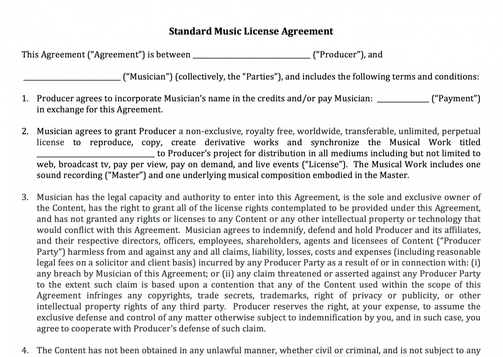 editable standard music license agreement  nimia content license agreement template doc