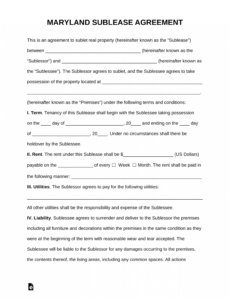 printable free maryland sublease agreement template  pdf  word room sublease agreement template excel