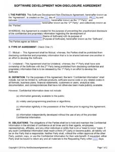 printable free software development nondisclosure agreement nda one way non disclosure agreement template doc