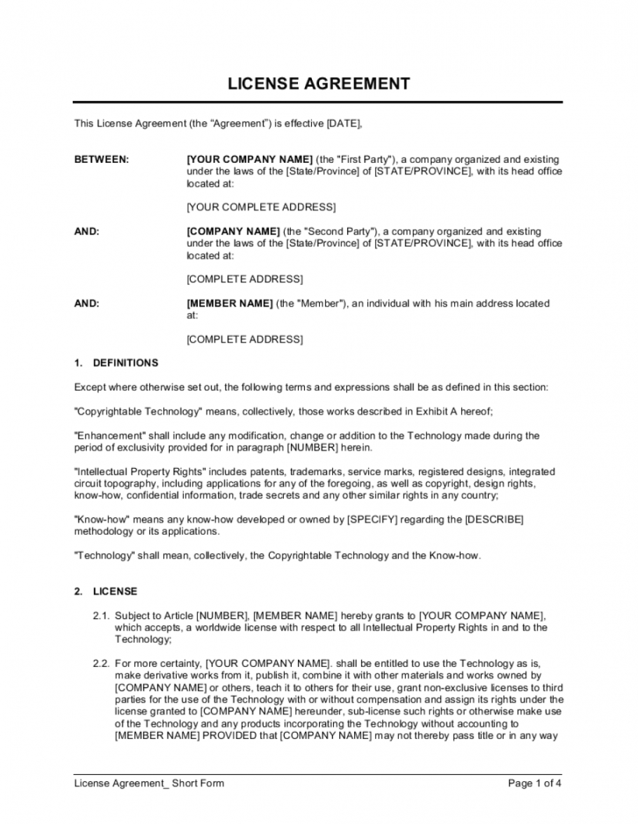 Printable License Agreement Short Form Template Businessinabox