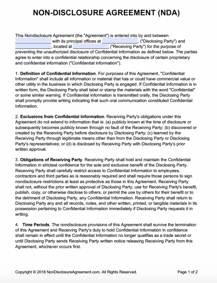 printable nondisclosure agreement nda template  sample one way non disclosure agreement template