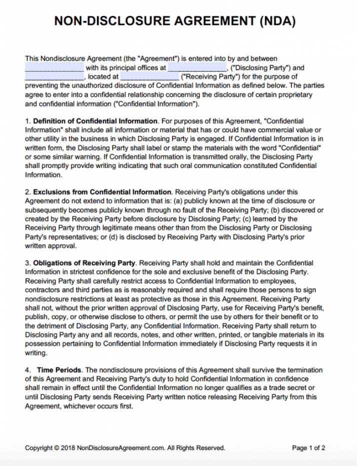 One Way Non Disclosure Agreement Template