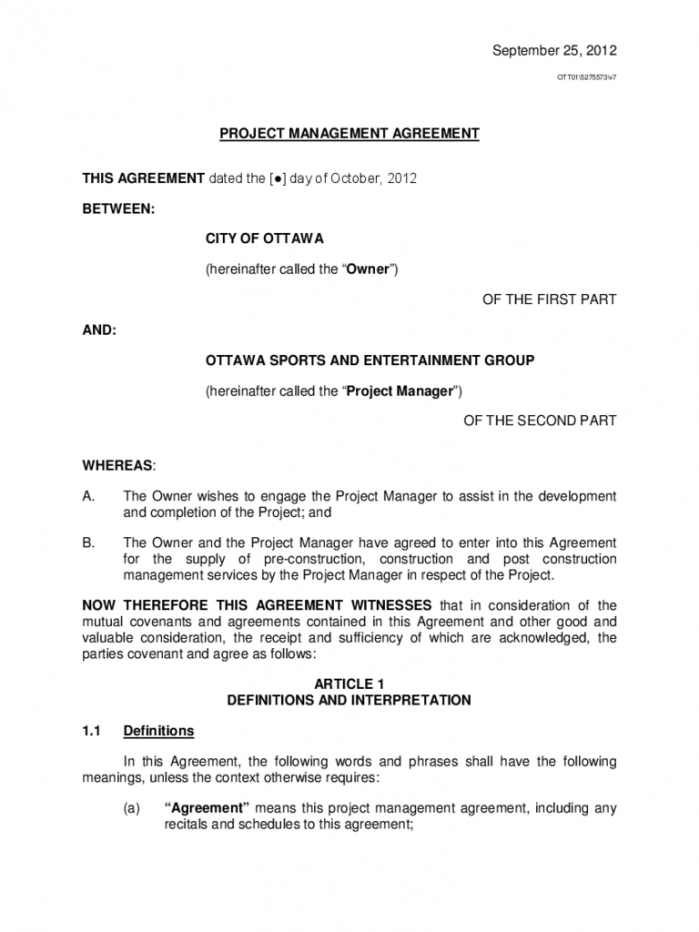 printable project management agreement  ottawa free download project manager agreement template pdf