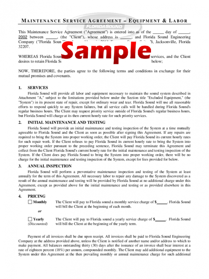sample maintenance contract template  4 free templates in pdf service maintenance agreement template excel