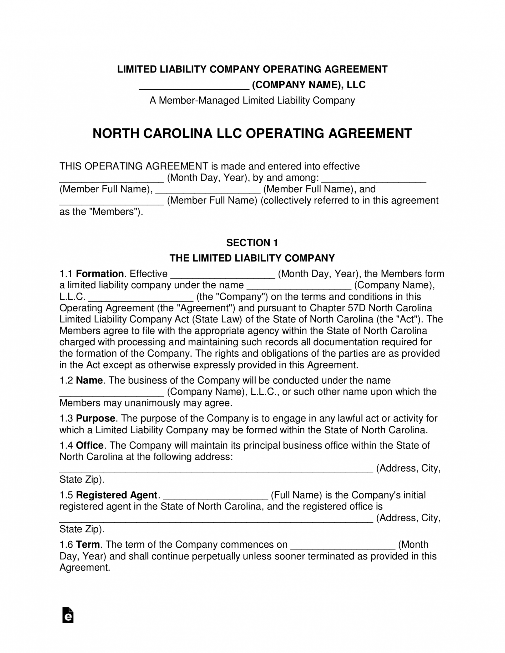 Editable North Carolina Multimember Llc Operating Agreement Form North ...