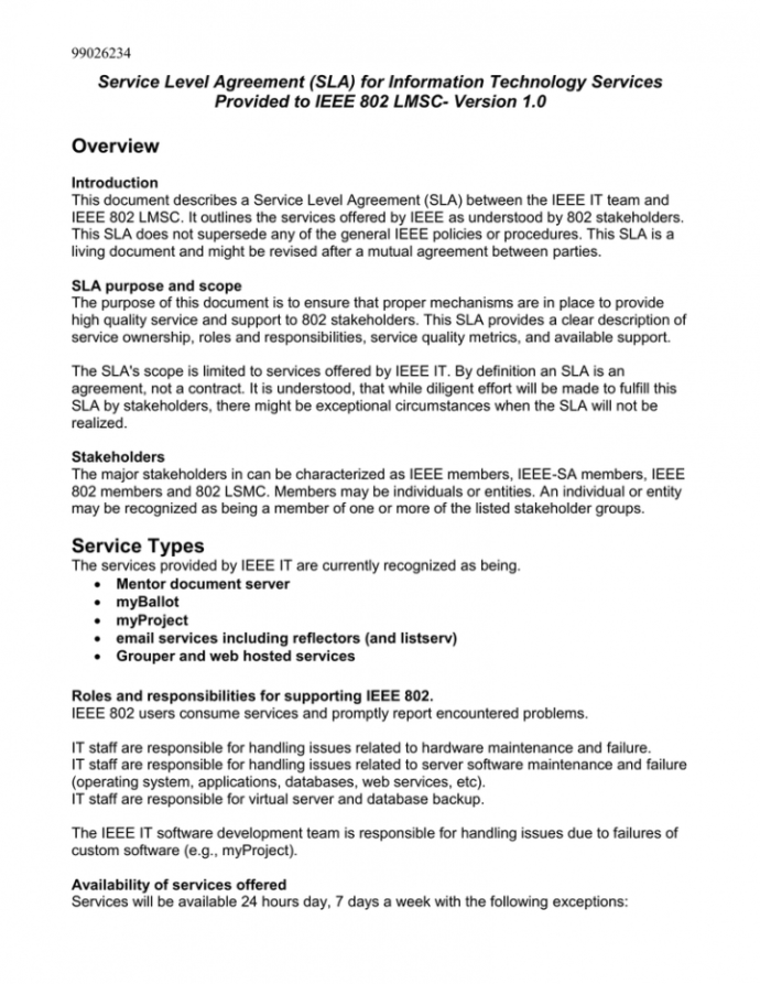 Editable Service Level Agreement Sla For Information Technology Service 