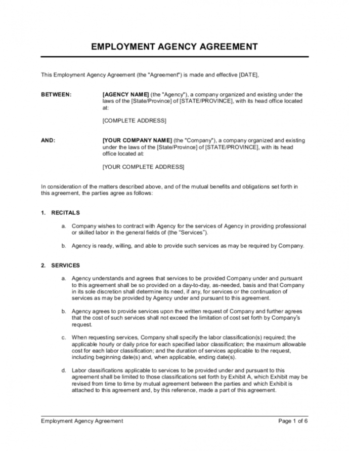 Printable Employment Agency Agreement Template Businessinabox Free 