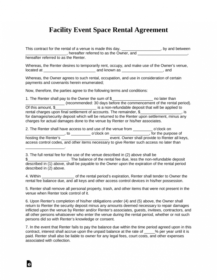 Printable Free Event Facility Space Rental Agreement Template Pdf Venue
