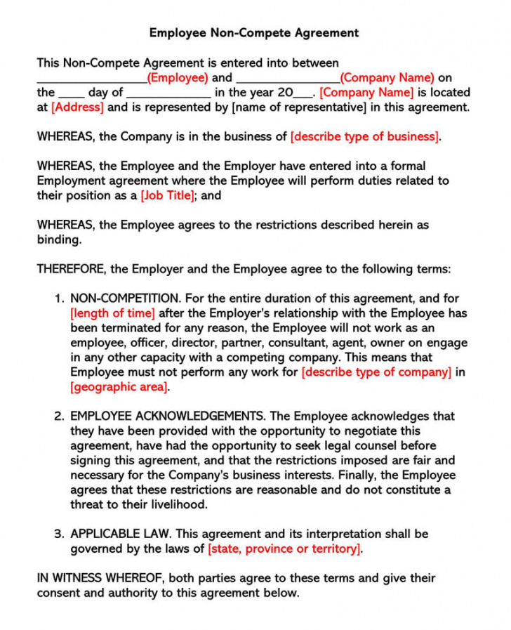 Printable Free Noncompete Agreement Templates Employee Contractor 