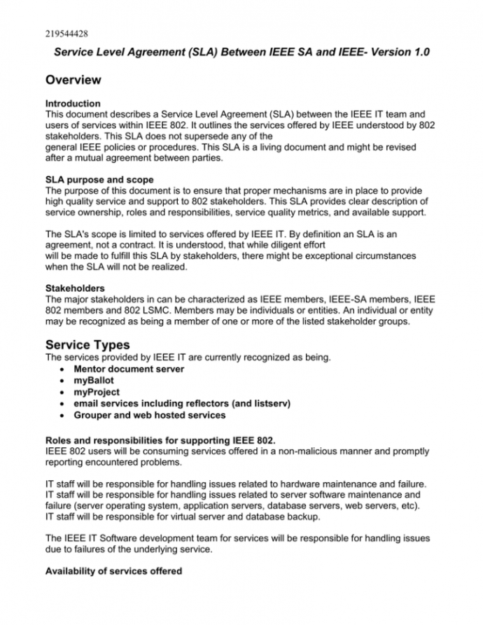 Standard Sla Agreement Template