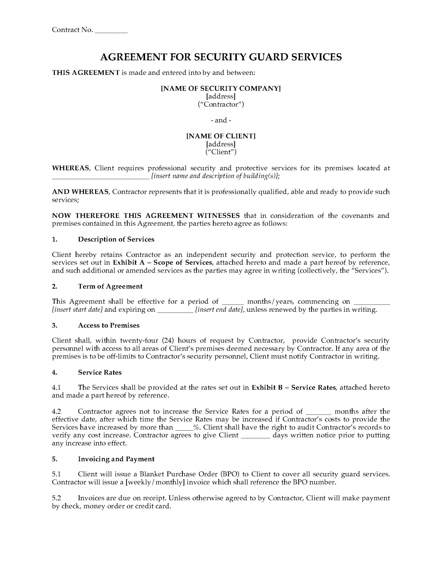 sample usa security guard services agreement security guard contract agreement template sample