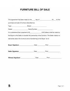 editable free furniture bill of sale form  pdf  word  eforms furniture purchase agreement template sample