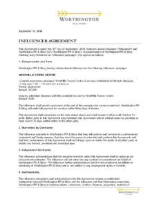 editable influencer contract template  influencer agreement template social media influencer agreement template excel