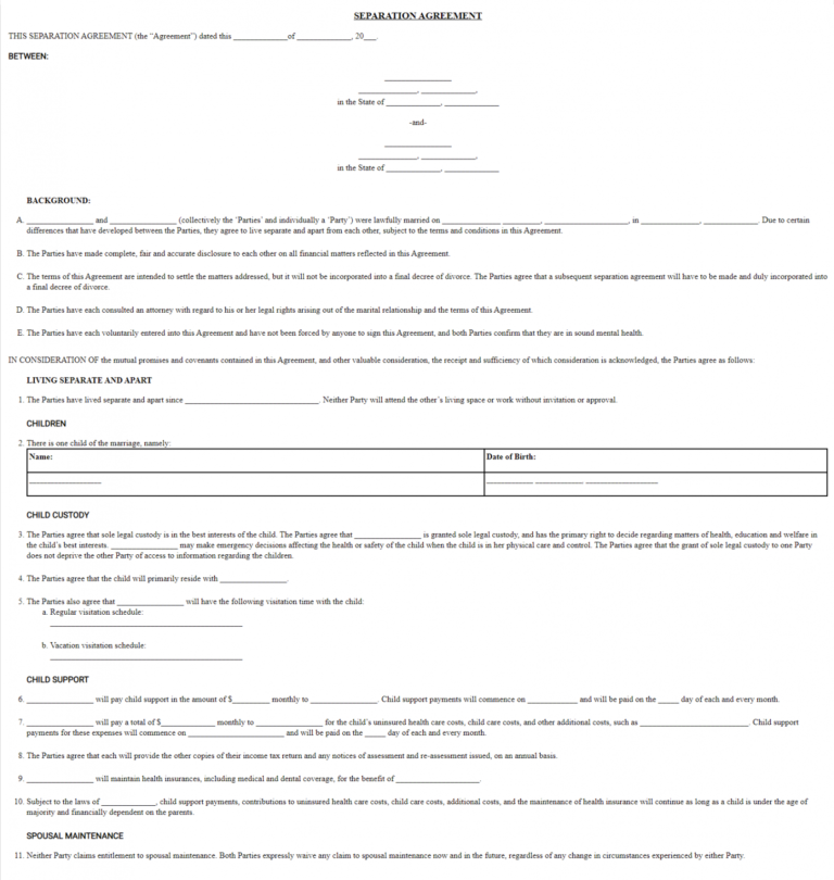 Marriage Separation Agreement Template