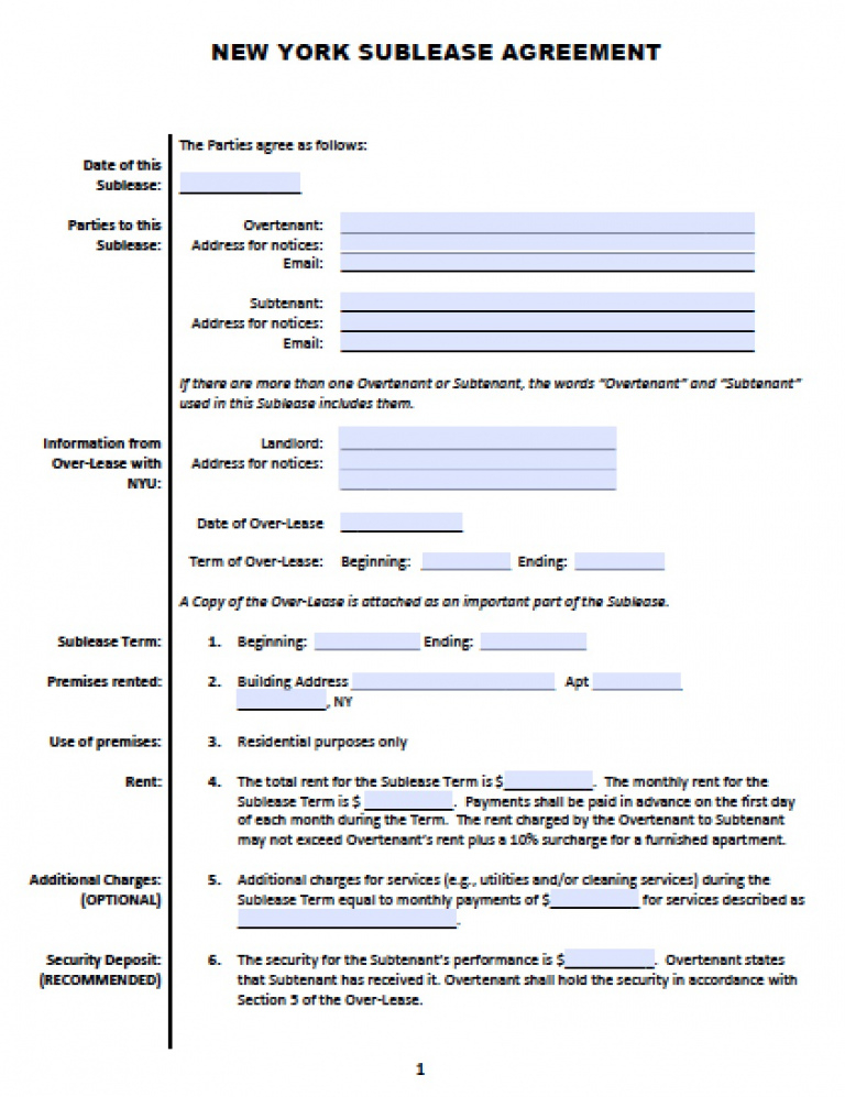 free new york sublease  roommate agreement template  pdf sublease agreement template new york excel