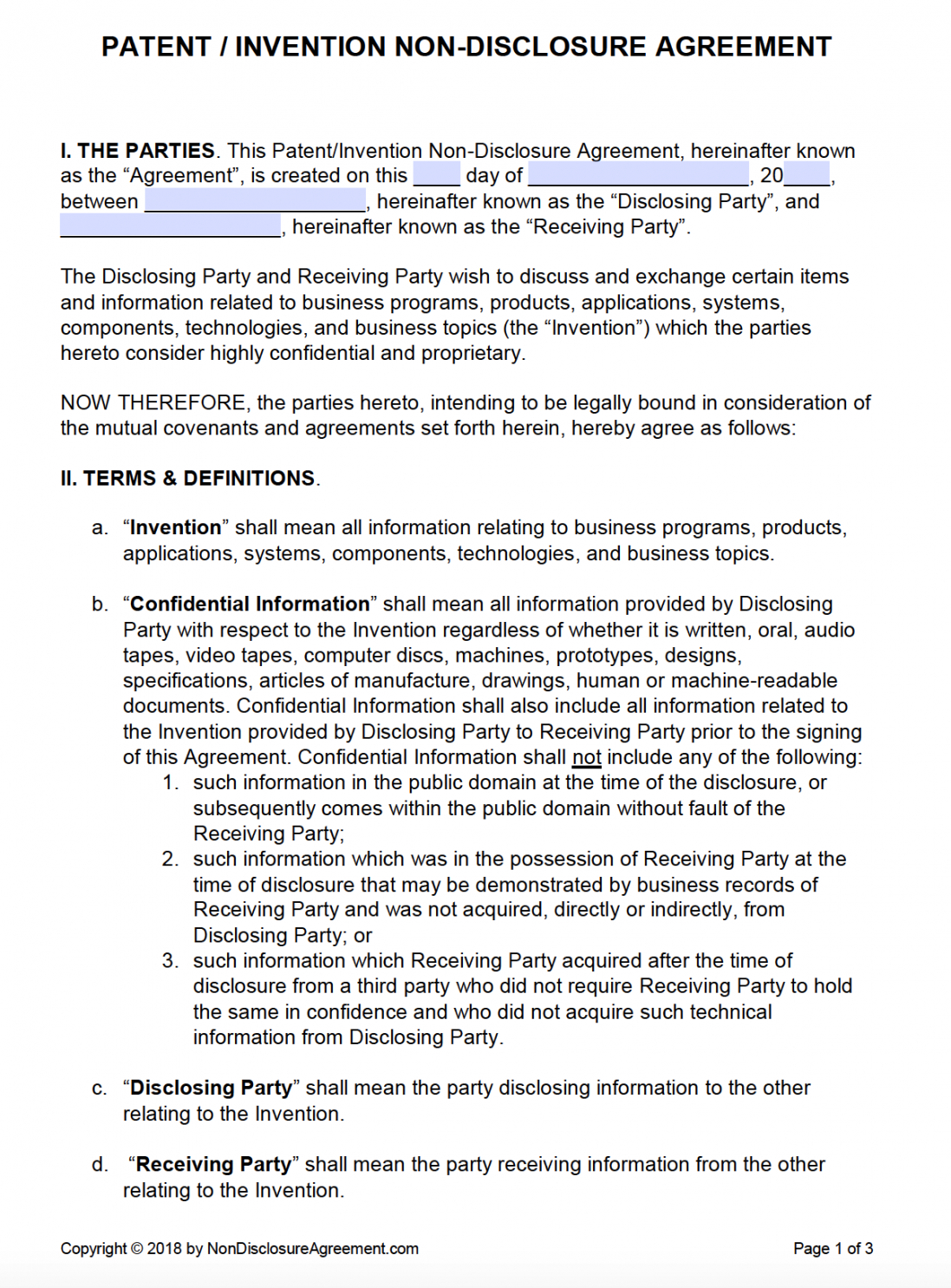 Free Patent Invention Nondisclosure Agreement Nda Pdf International Nda