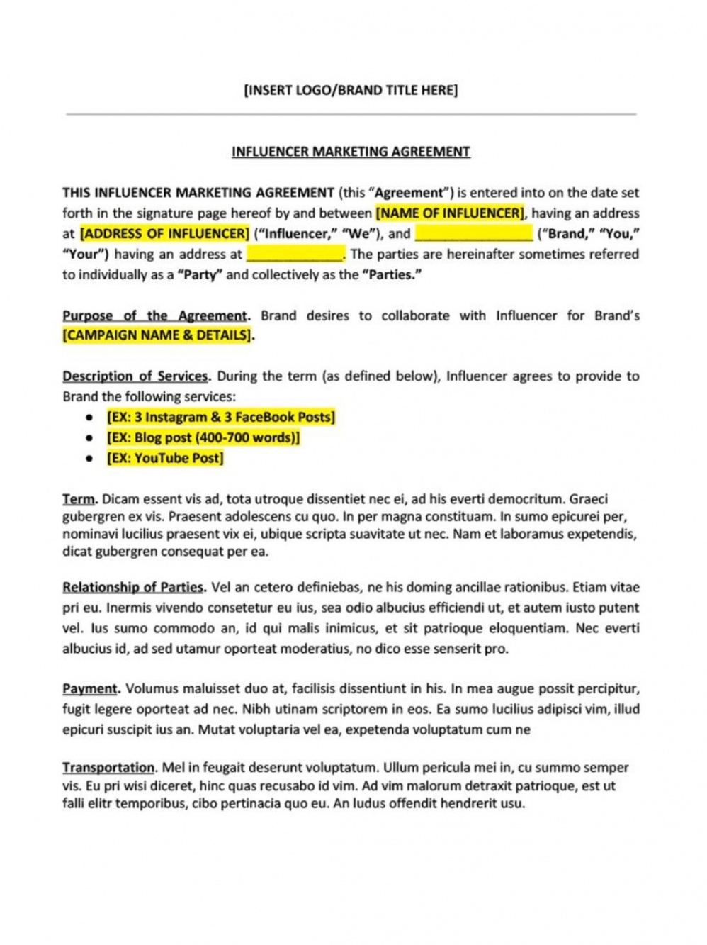 influencer collaboration agreement template download  bonsai brand partnership agreement template pdf
