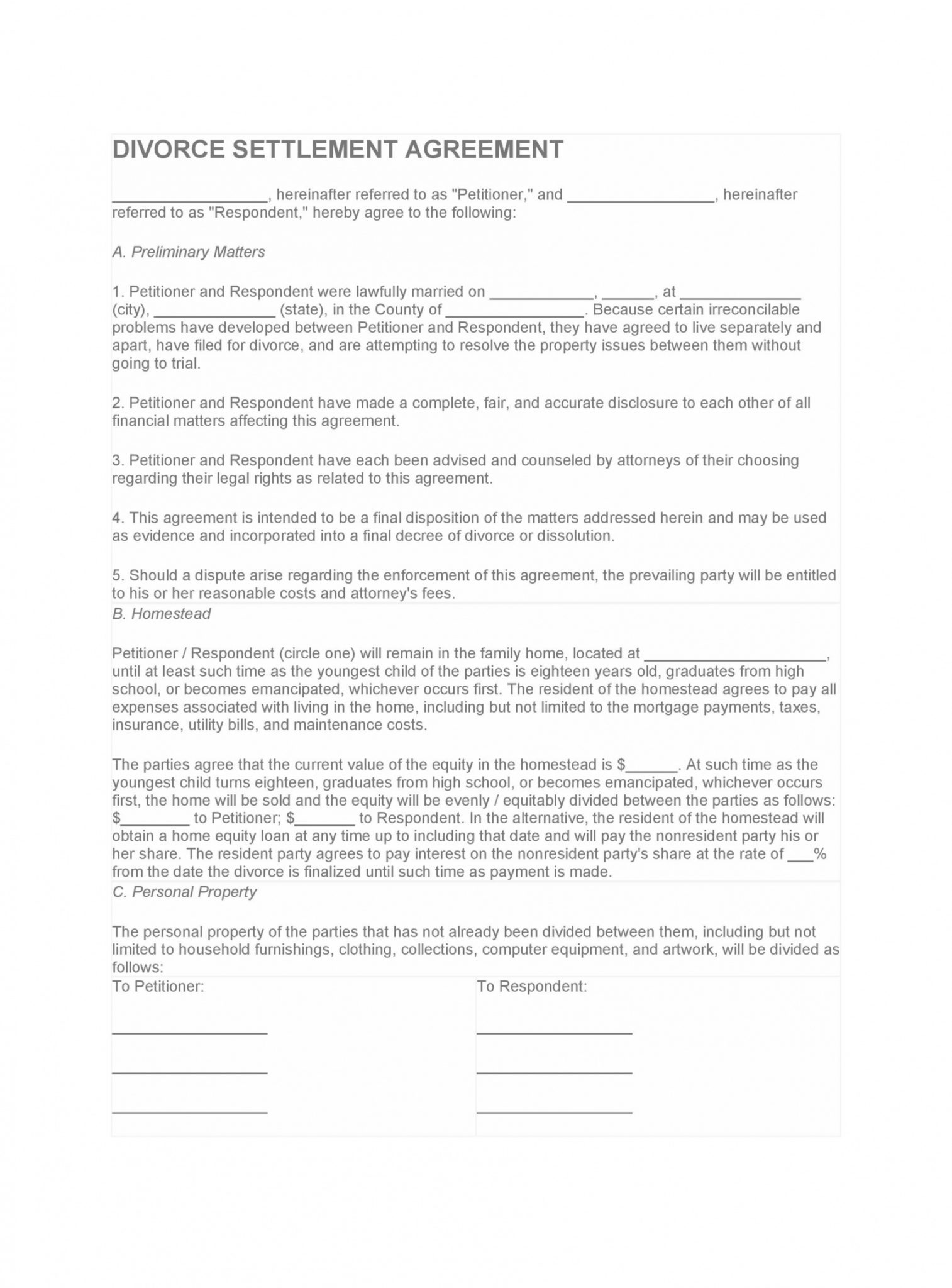 Printable 42 Divorce Settlement Agreement Templates 100 Free ᐅ Divorce