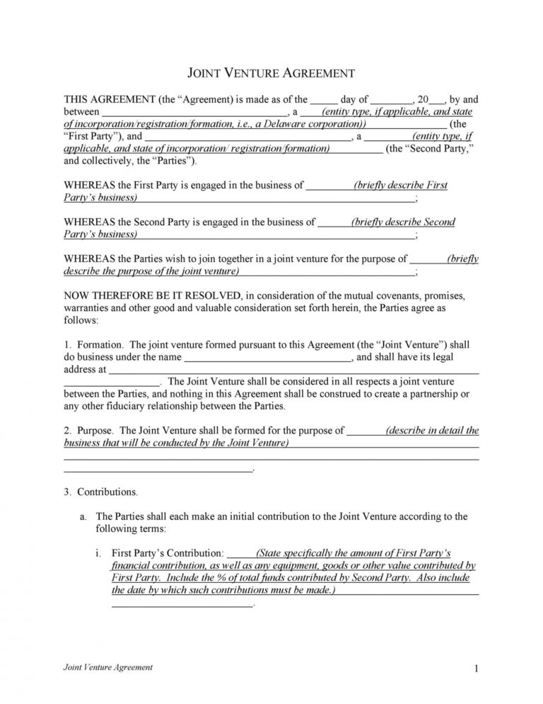Printable 53 Simple Joint Venture Agreement Templates Pdf Doc Three 