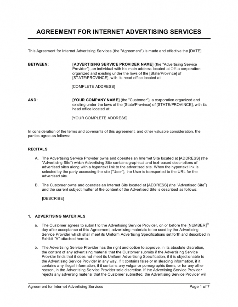 printable agreement for internet advertising services template service provider agreement template excel