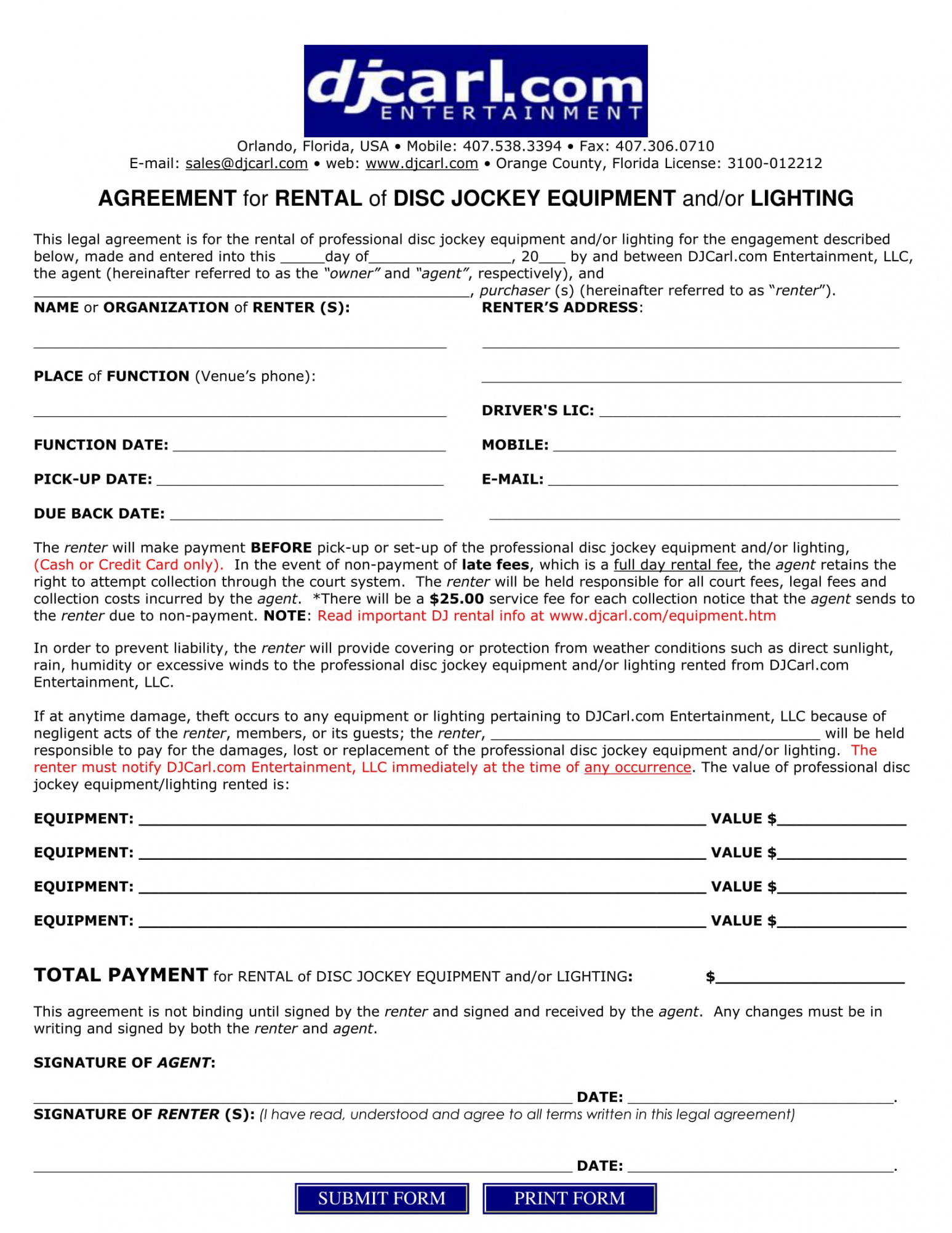 printable free 6 dj contract forms  dj agreement equipment rental music equipment rental agreement template word
