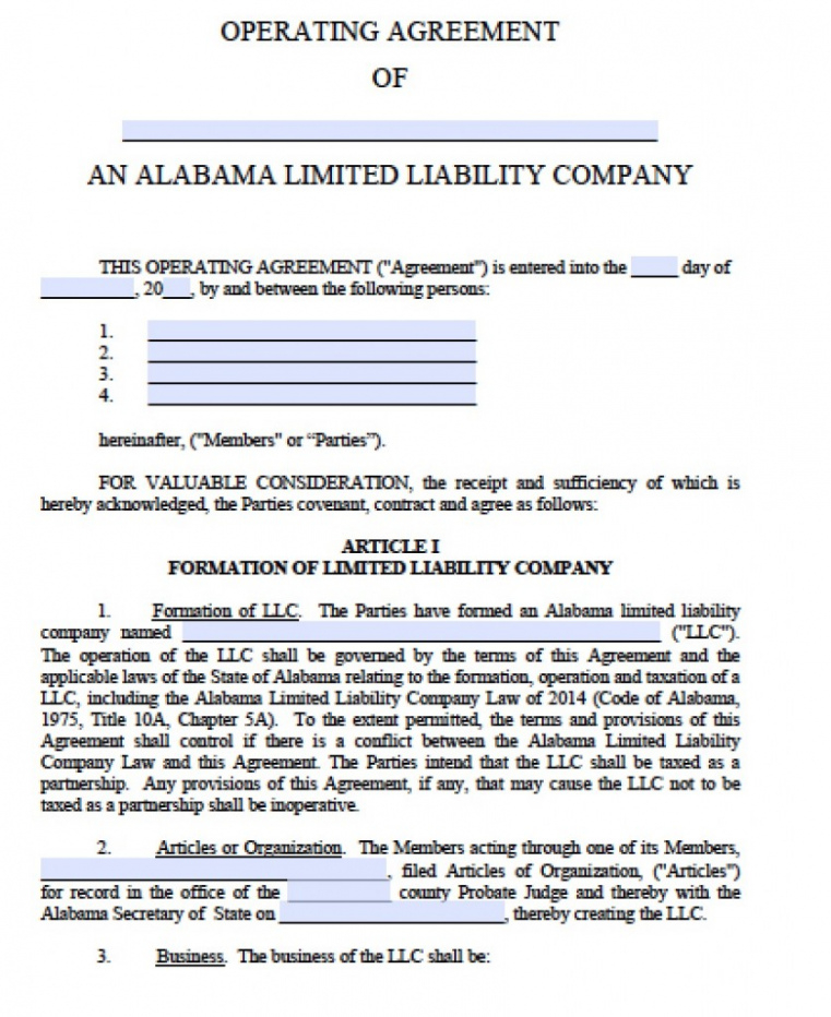 printable free alabama llc operating agreement template  pdf  word operating agreement template doc sample