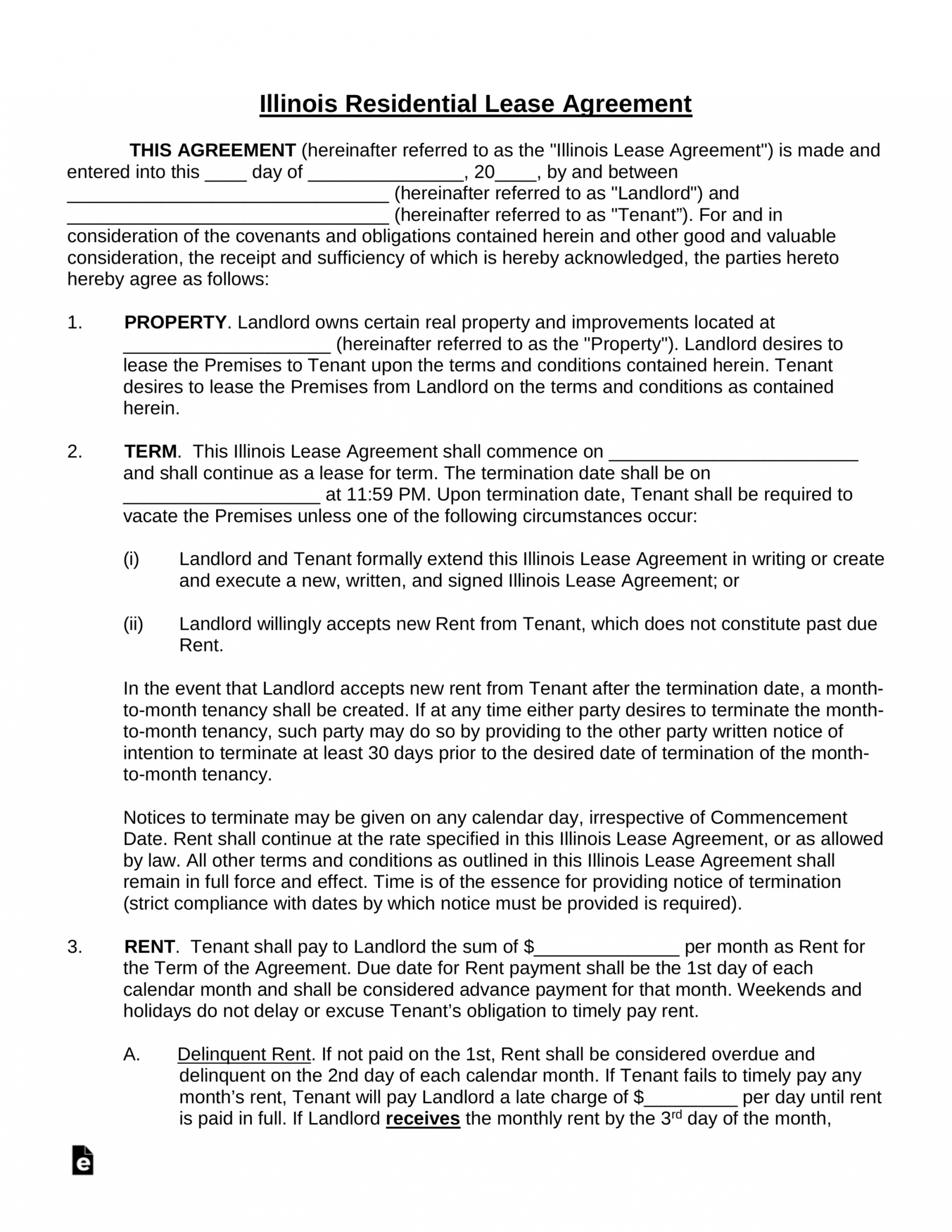 Free Printable Residential Lease Agreement Illinois