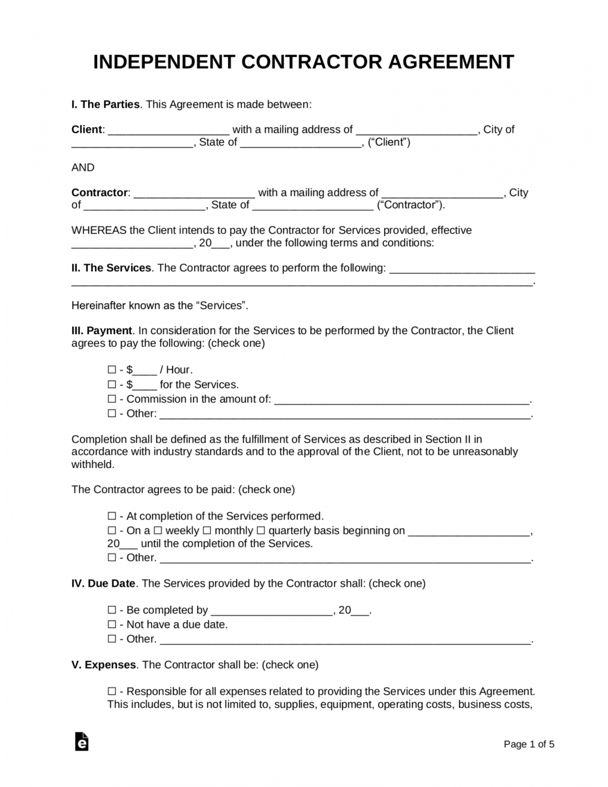 Printable Free Contractor Agreement Template