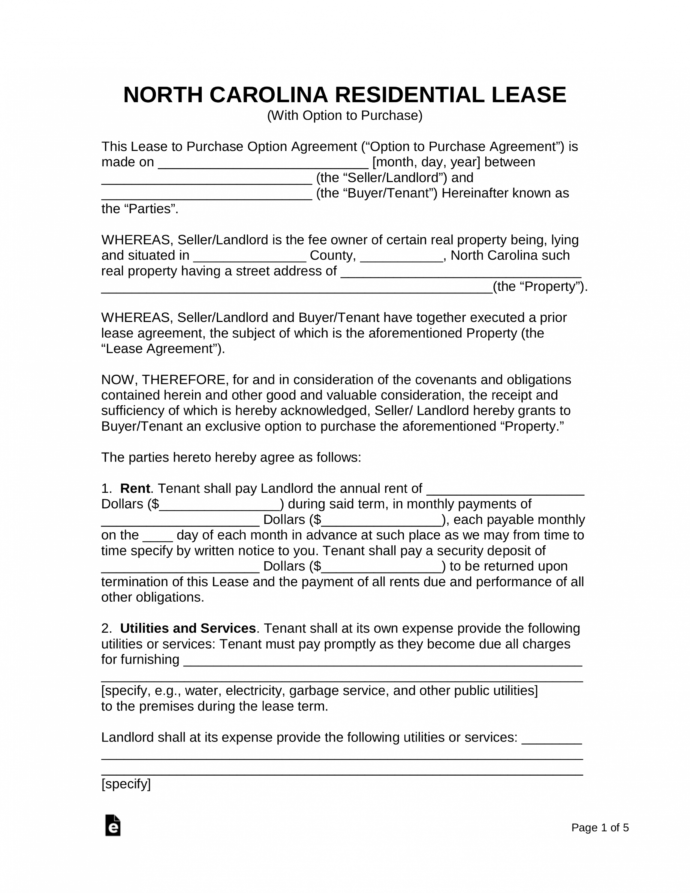 printable free north carolina lease agreement with option to purchase